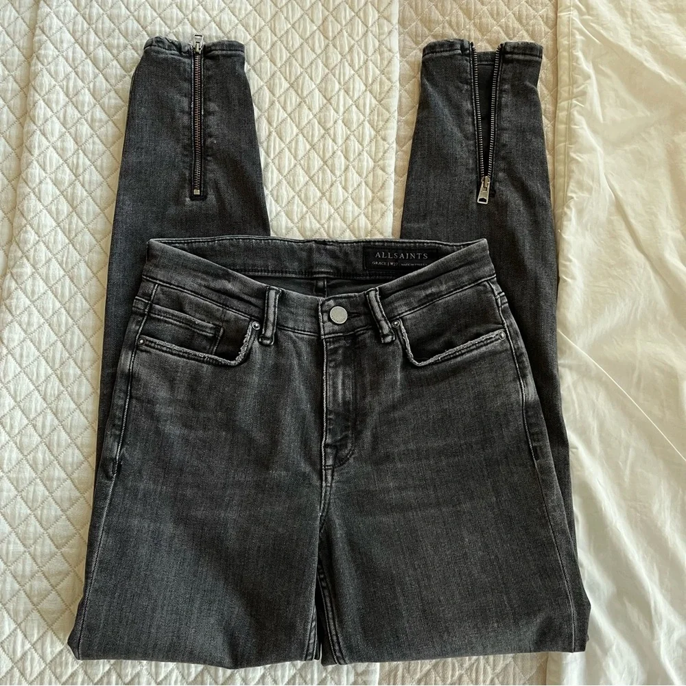 AllSaints Grace Skinny Jeans Size 27 Black Wash High Rise Zip Ankle - Picture 7 of 12